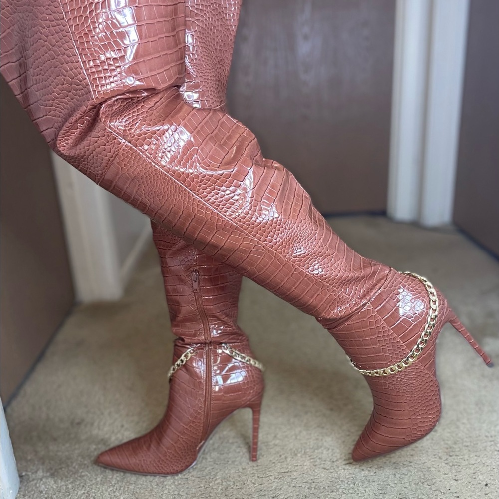 Croc-Embossed Over-the-Knee Stiletto Boots in Dusty Rose w/ Chain Trim Brand new